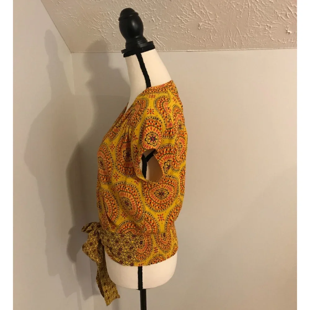 Anthropologie Maeve Marzia Wrap Blouse Small Yellow Medallion Boho Top